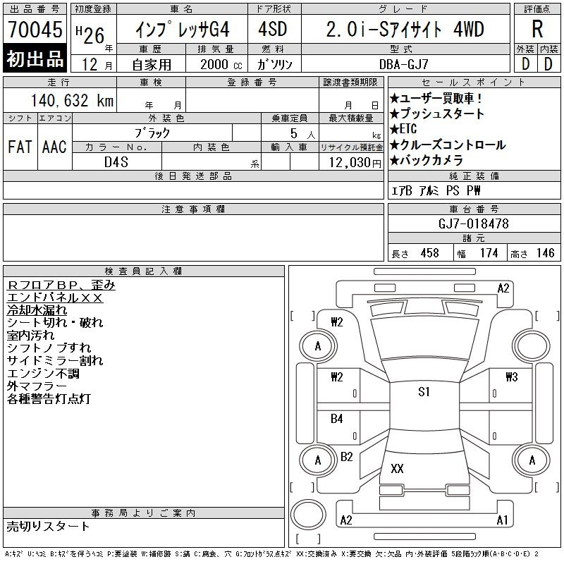 Аукционный лист SUBARU IMPREZA G4 2014