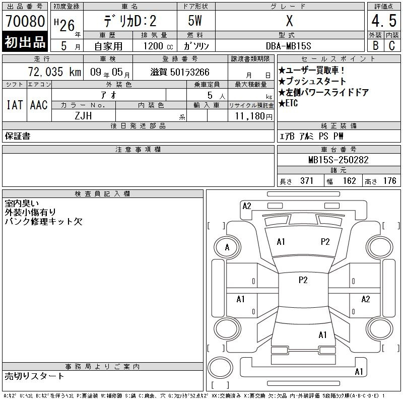 Аукционный лист MITSUBISHI DELICA D2 2014