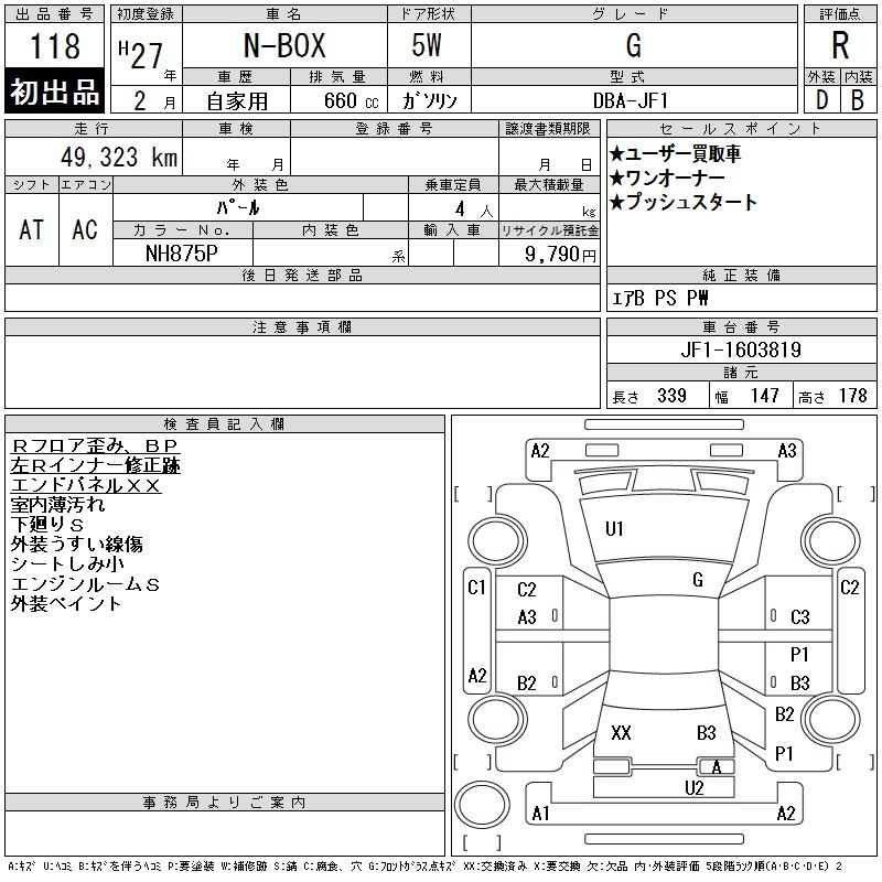 Аукционный лист HONDA N BOX 2015