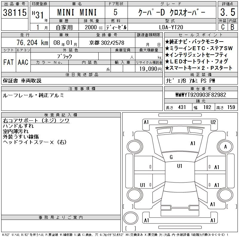 Аукционный лист BMW MINI 2019