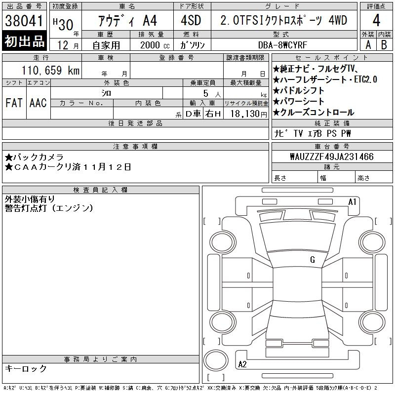Аукционный лист AUDI A4 2018