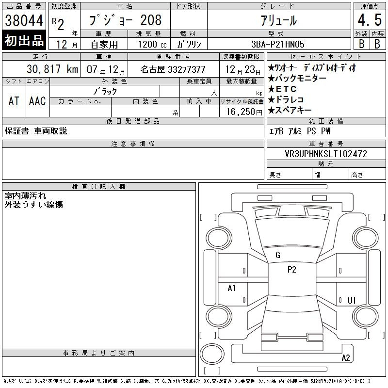 Аукционный лист PEUGEOT 208 2020