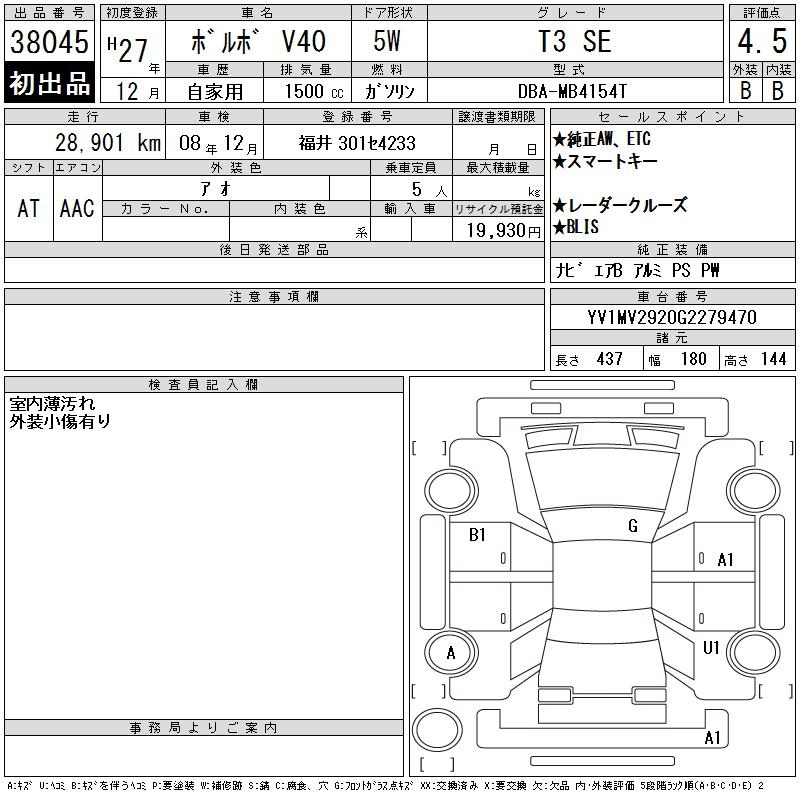 Аукционный лист VOLVO V40 2015