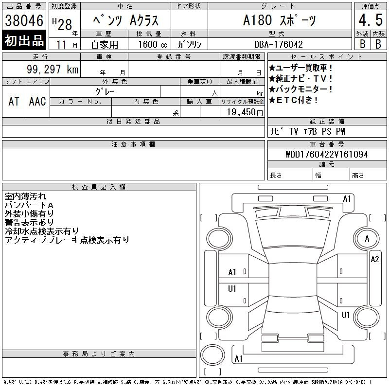 Аукционный лист MERCEDES BENZ A CLASS 2016