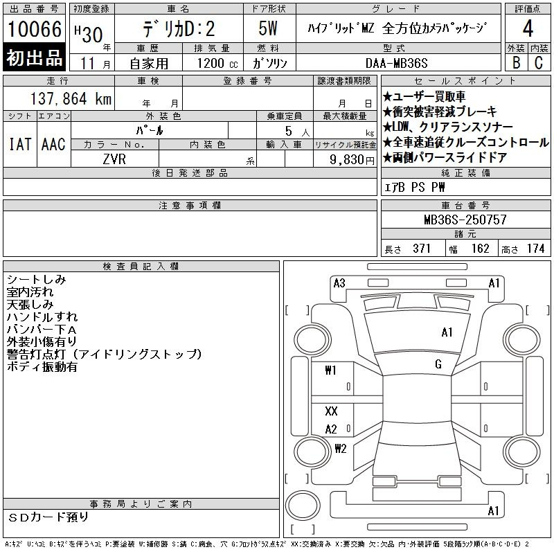 Аукционный лист MITSUBISHI DELICA D2 2018