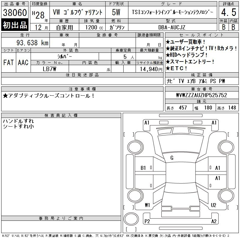 Аукционный лист VOLKSWAGEN GOLF VARIANT 2016