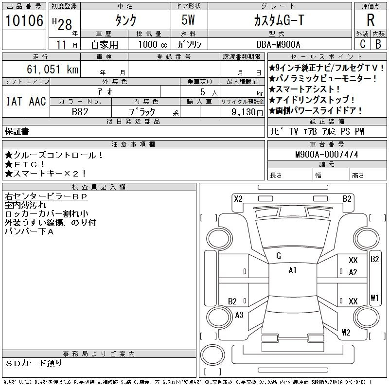 Аукционный лист TOYOTA TANK 2016