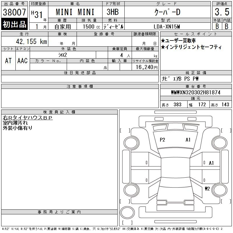 Аукционный лист BMW MINI 2019