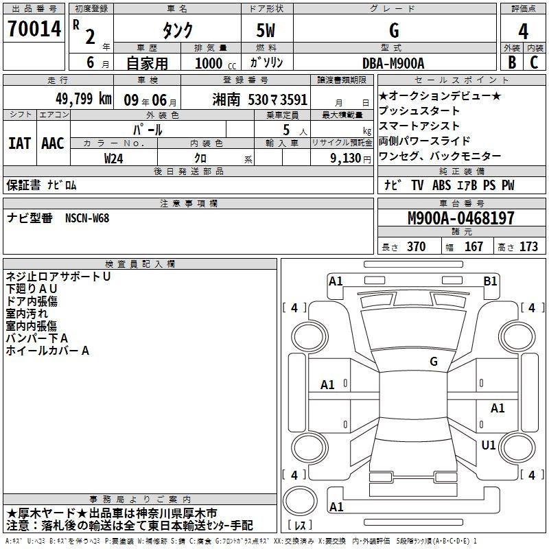Аукционный лист TOYOTA TANK 2020