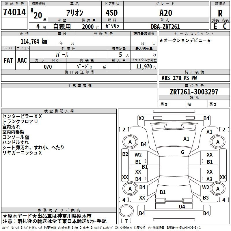 Аукционный лист TOYOTA ALLION 2008