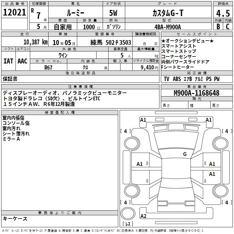 Аукционный лист TOYOTA ROOMY 2025