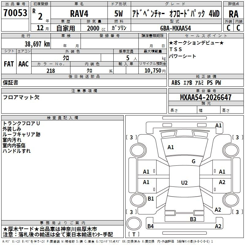 Аукционный лист TOYOTA RAV4 2020