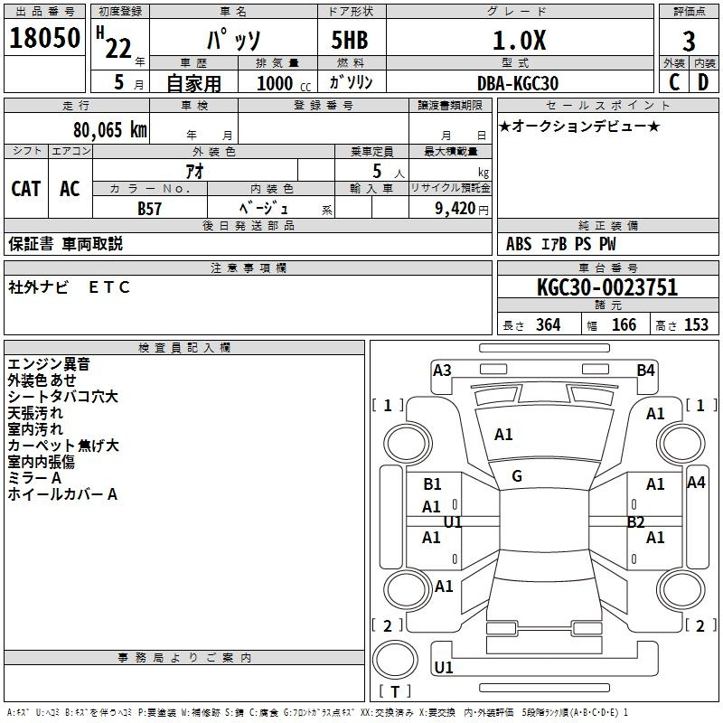 Аукционный лист TOYOTA PASSO 2010