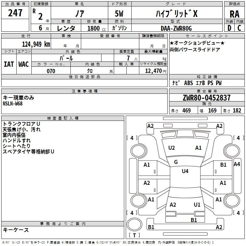 Аукционный лист TOYOTA NOAH 2020