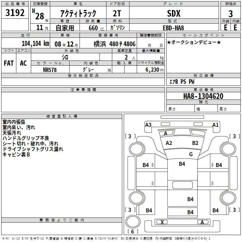 Аукционный лист HONDA ACTY TRUCK 2016