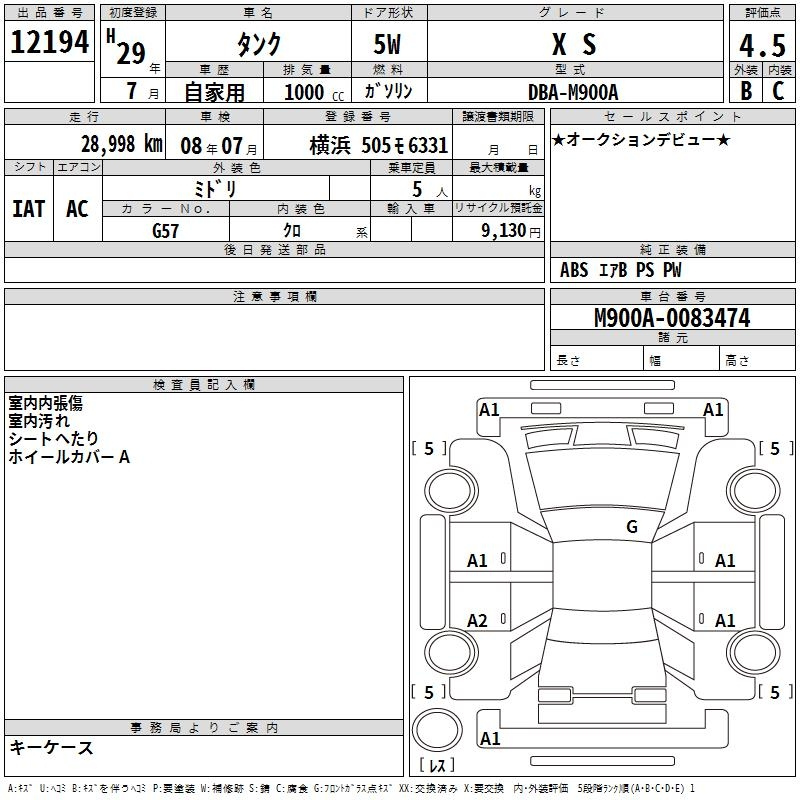 Аукционный лист TOYOTA TANK 2017