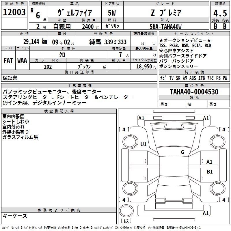 Аукционный лист TOYOTA VELLFIRE 2024