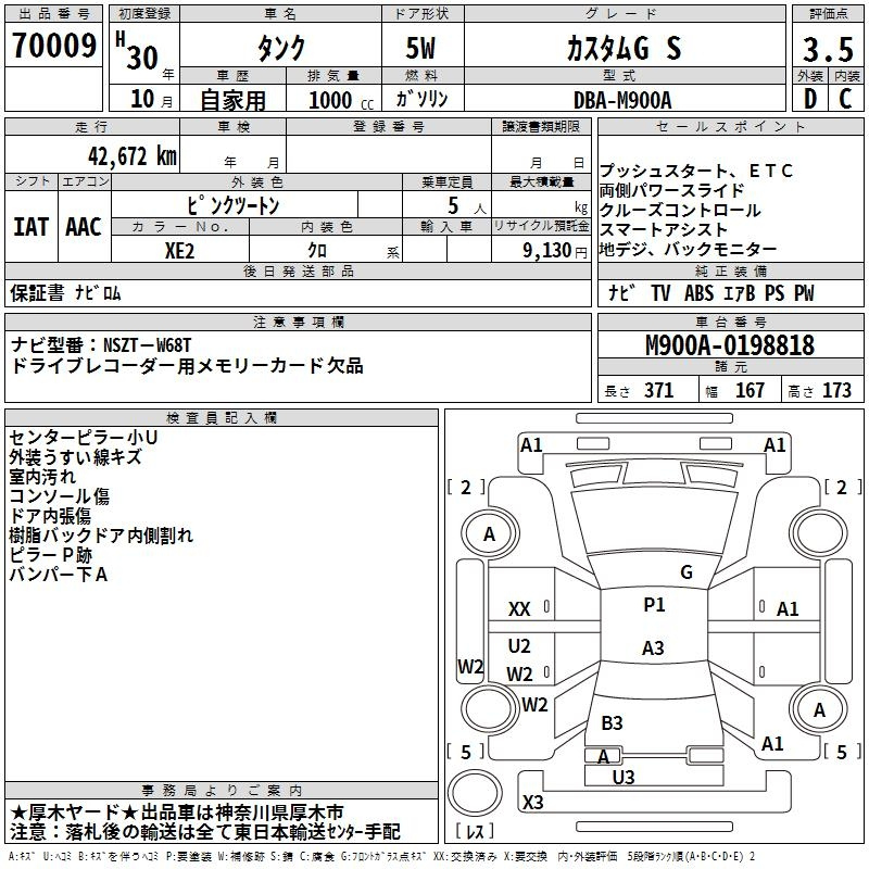Аукционный лист TOYOTA TANK 2018