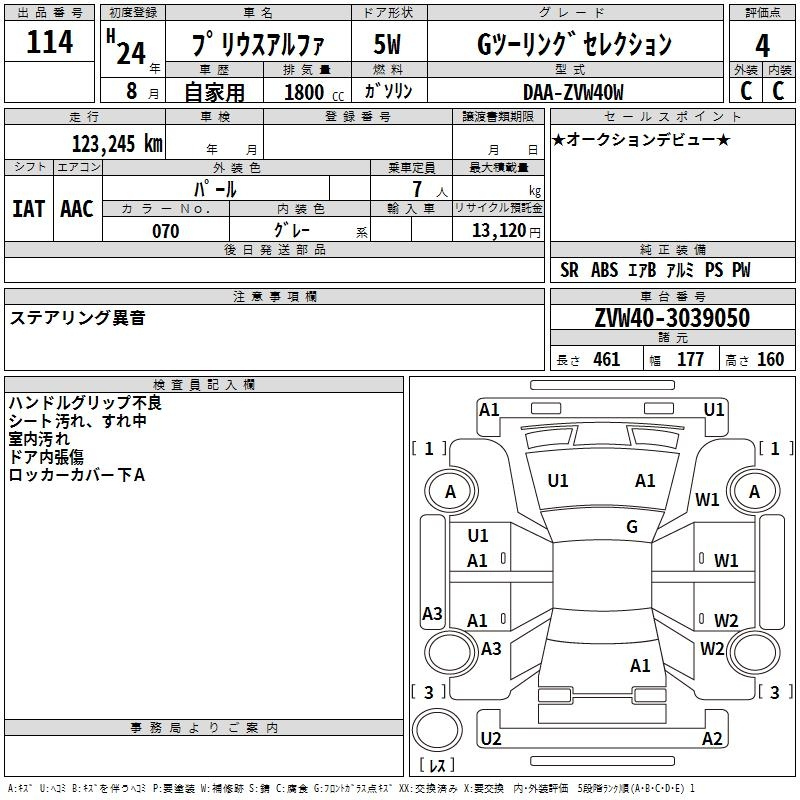 Аукционный лист TOYOTA PRIUS ALPHA 2012
