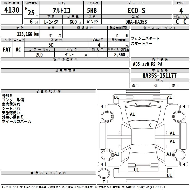 Аукционный лист SUZUKI ALTO ECO 2013
