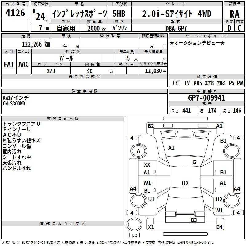 Аукционный лист SUBARU IMPREZA 2012