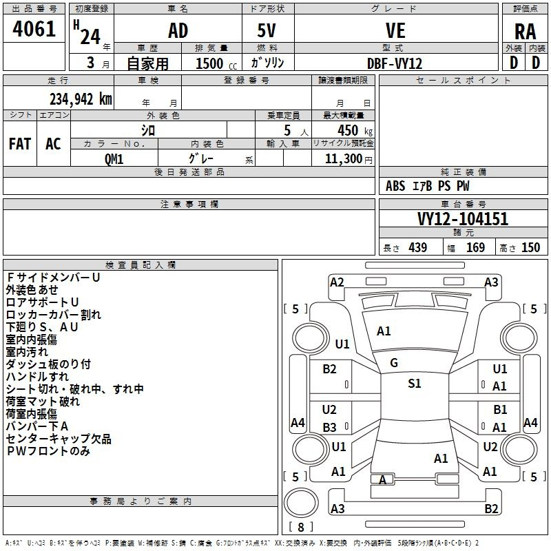 Аукционный лист NISSAN AD 2012