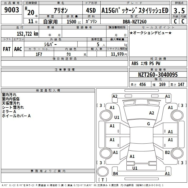 Аукционный лист TOYOTA ALLION 2008