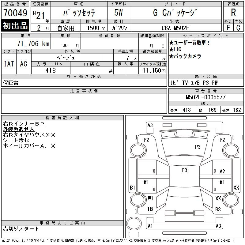 Аукционный лист TOYOTA PASSO SETTE 2009