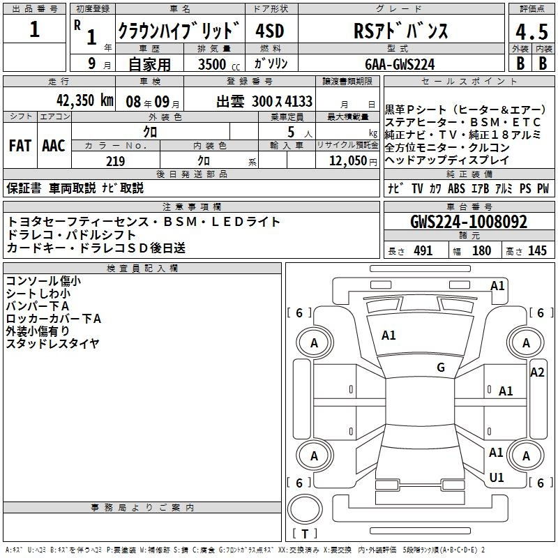 Аукционный лист TOYOTA CROWN 2019