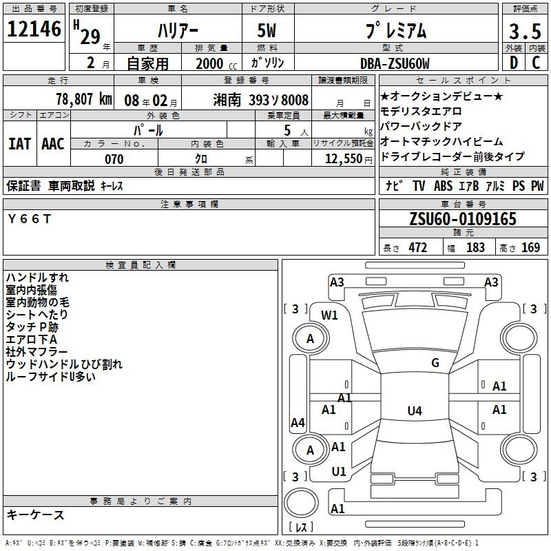 Аукционный лист TOYOTA HARRIER 2017