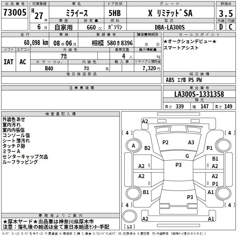 Аукционный лист DAIHATSU MIRA E S 2015
