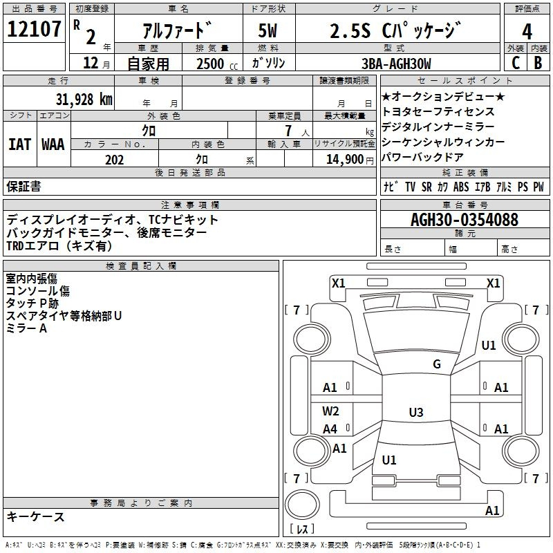 Аукционный лист TOYOTA ALPHARD 2020