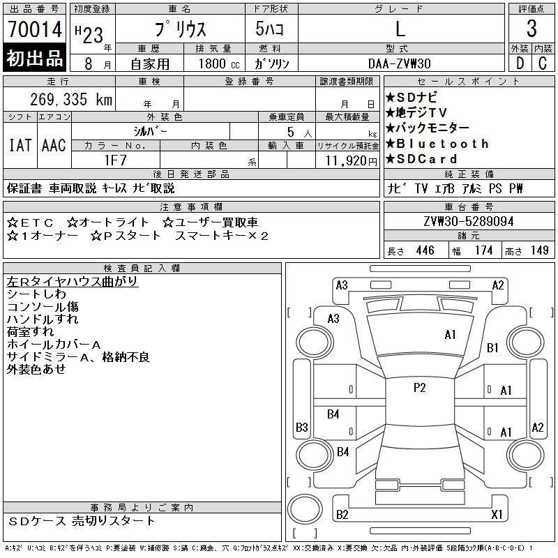 Аукционный лист TOYOTA PRIUS 2011