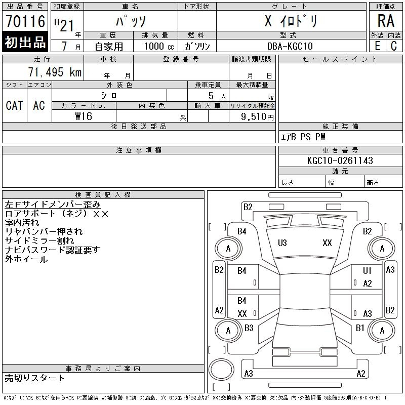 Аукционный лист TOYOTA PASSO 2009