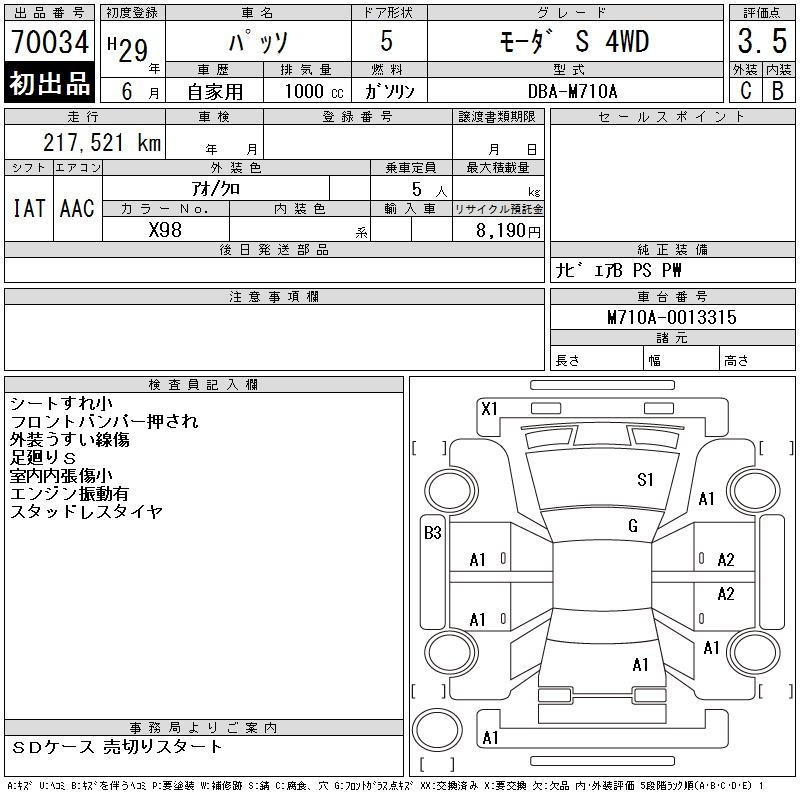 Аукционный лист TOYOTA PASSO 2017
