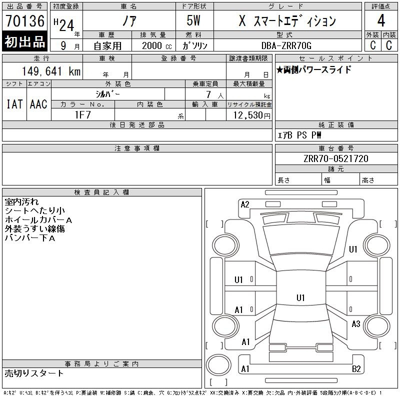 Аукционный лист TOYOTA NOAH 2012