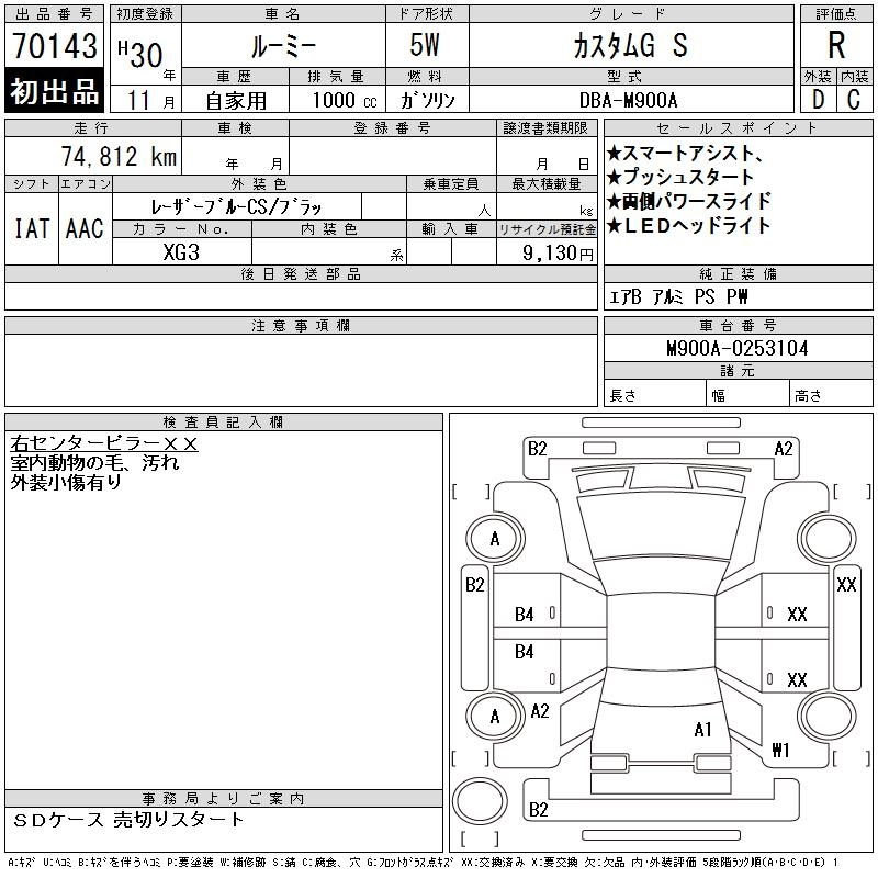 Аукционный лист TOYOTA ROOMY 2018