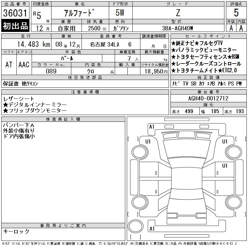 Аукционный лист TOYOTA ALPHARD 2023
