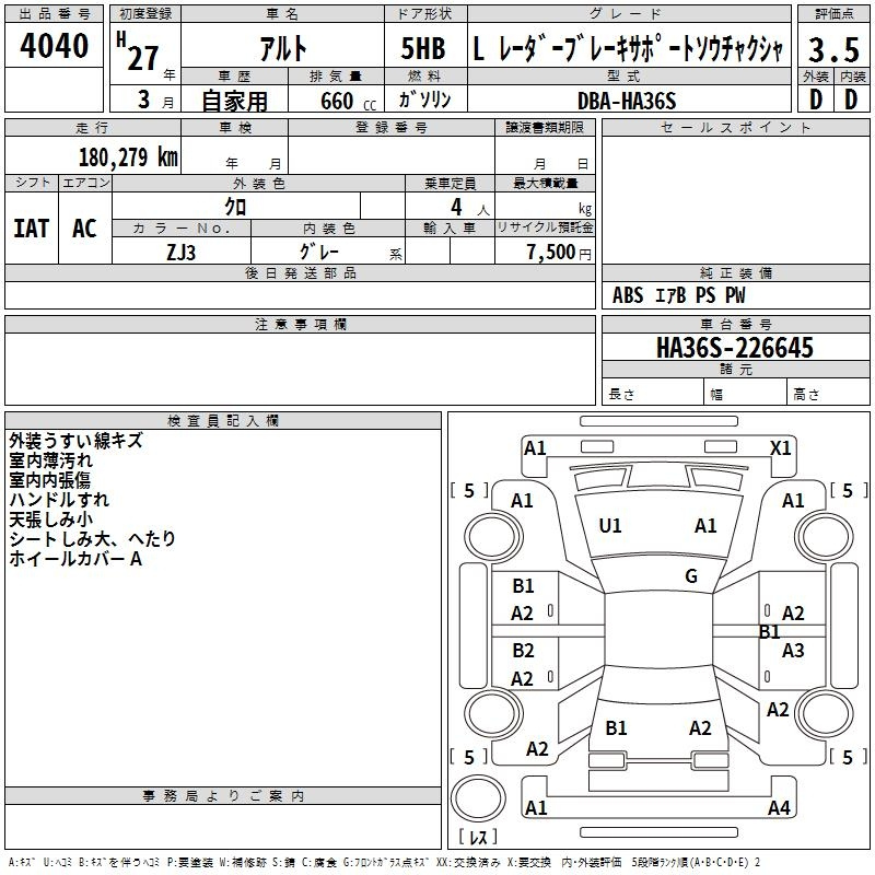 Аукционный лист SUZUKI ALTO 2015