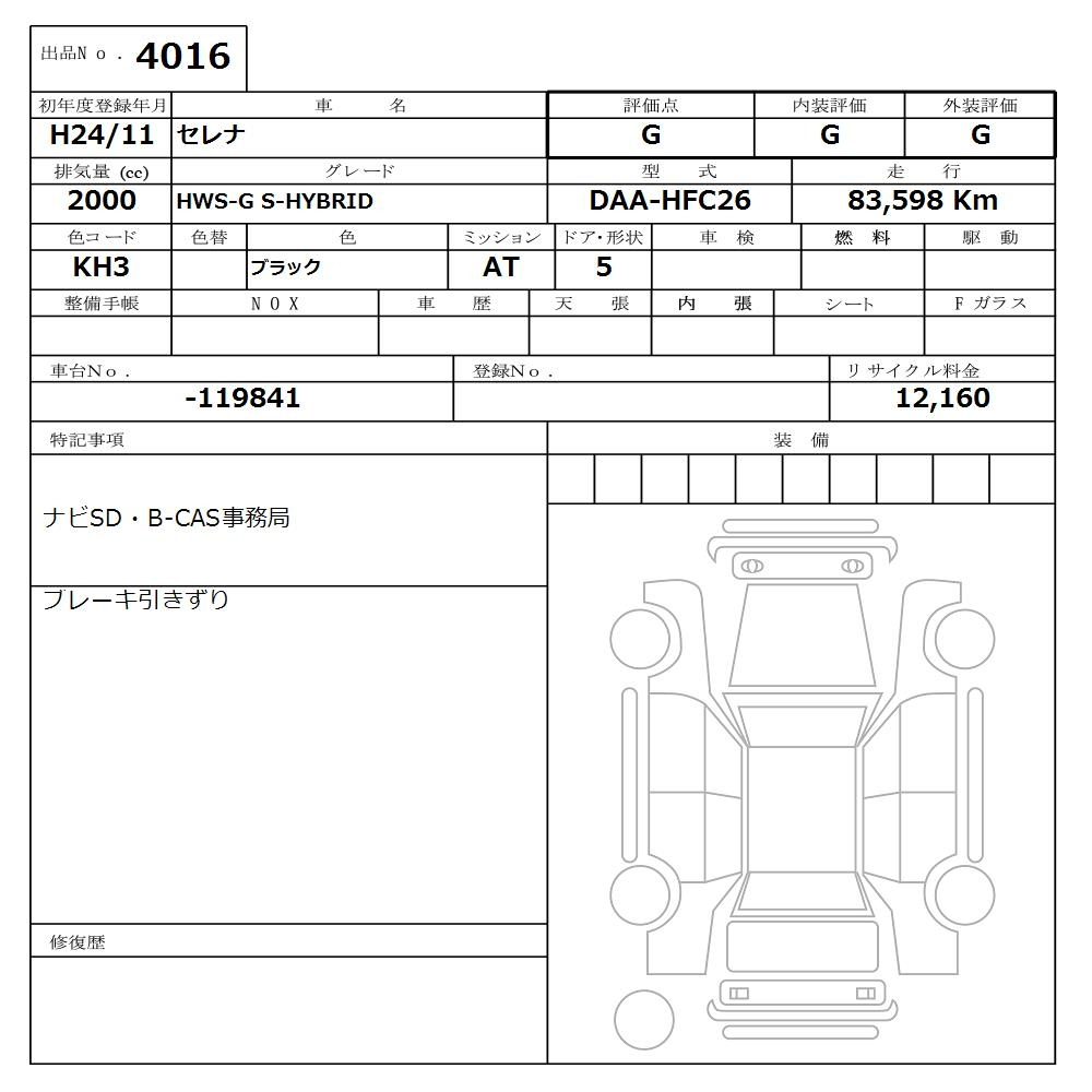 Аукционный лист NISSAN SERENA 2012