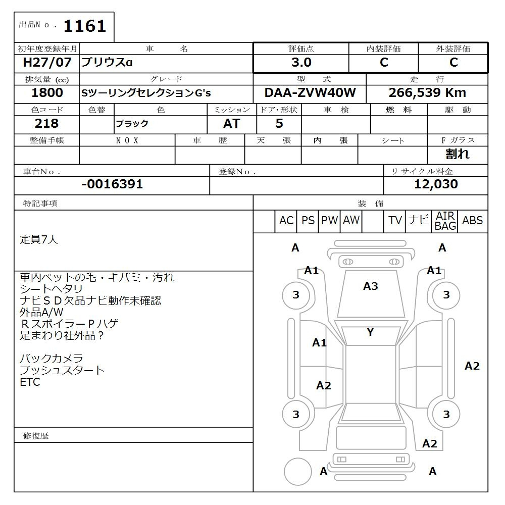Аукционный лист TOYOTA PRIUS ALPHA 2015