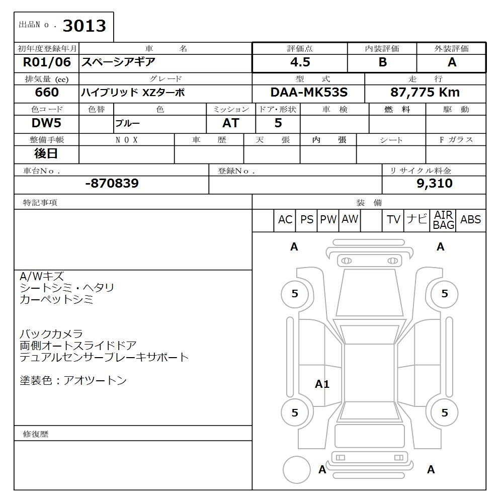 Аукционный лист SUZUKI SPACIA GEAR 2019