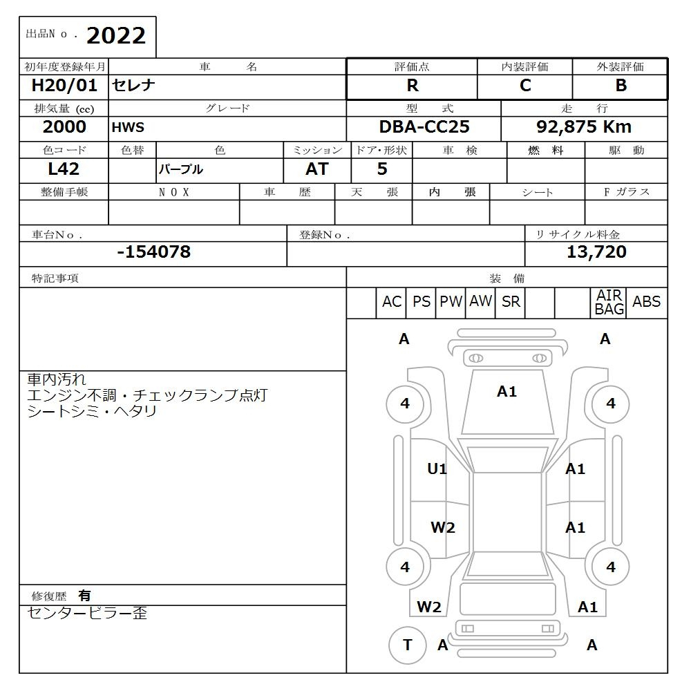 Аукционный лист NISSAN SERENA 2008