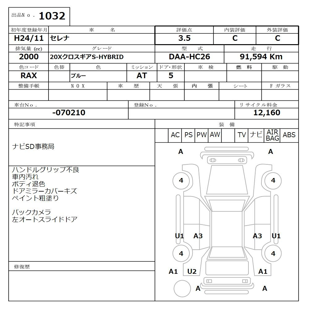 Аукционный лист NISSAN SERENA 2012