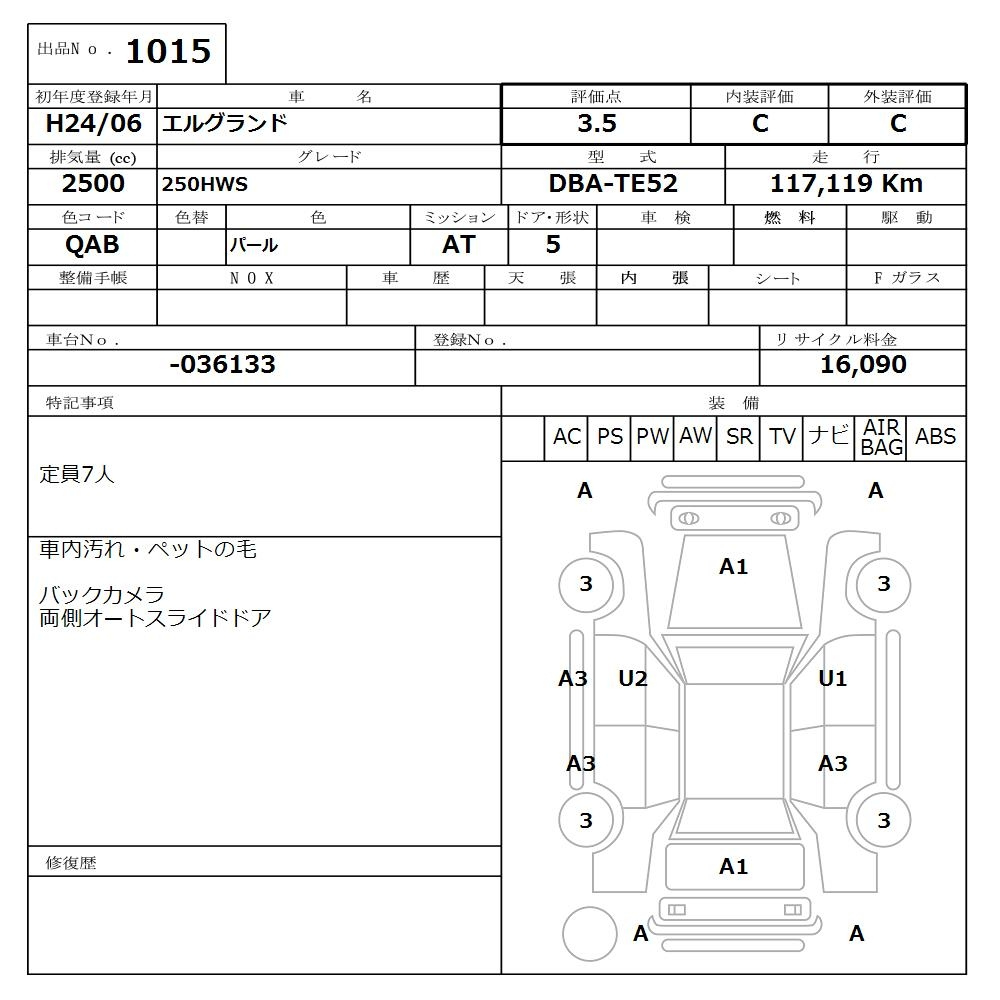 Аукционный лист NISSAN ELGRAND 2012