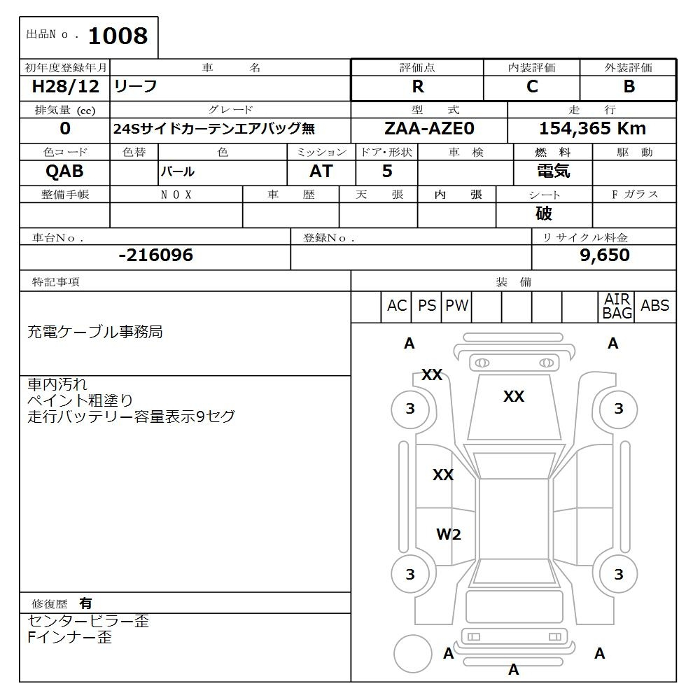 Аукционный лист NISSAN LEAF 2016