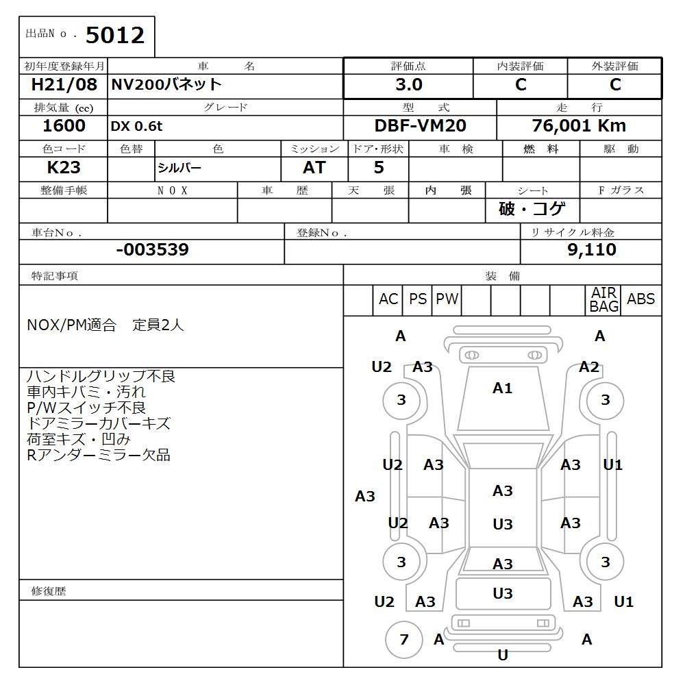 Аукционный лист NISSAN NV200 2009