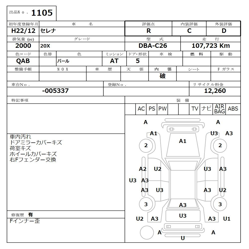 Аукционный лист NISSAN SERENA 2010