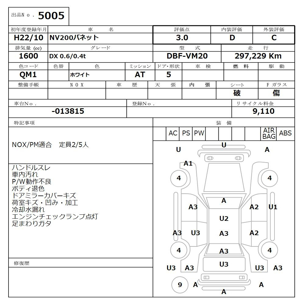 Аукционный лист NISSAN NV200 2010