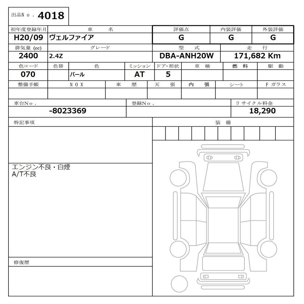 Аукционный лист TOYOTA VELLFIRE 2008